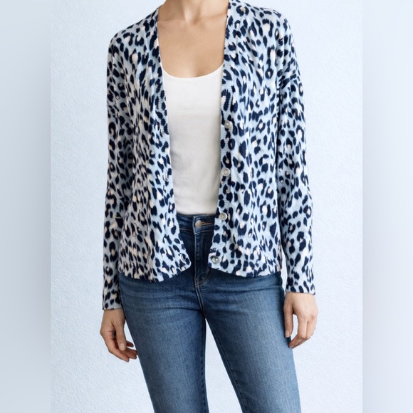 LOFT Sweaters - LOFT Navy Blue, Sky Blue & White Animal Print Cardigan
